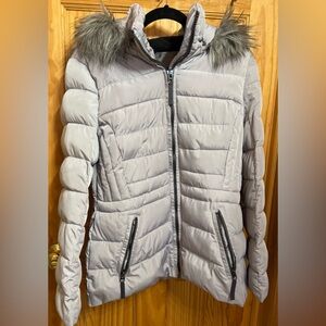 Calvin Klein Light Gray Puffer Jacket with Faux Fur Hood